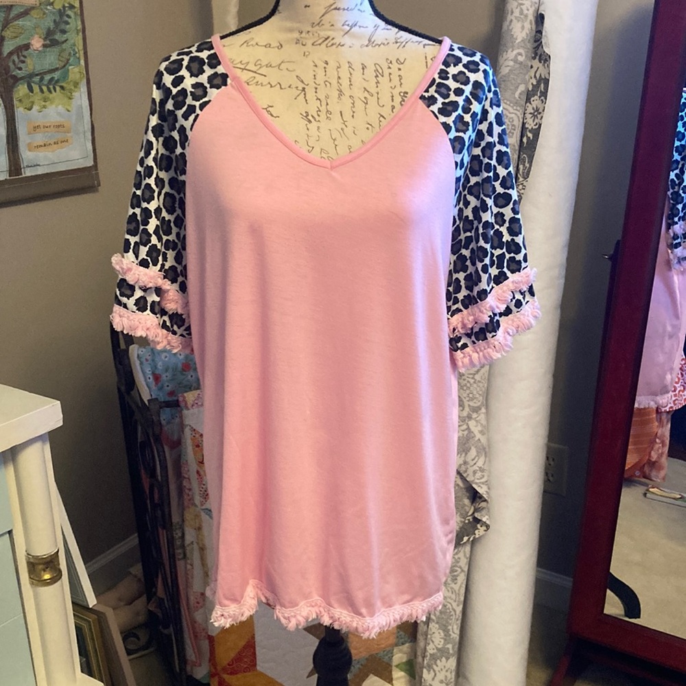 Pink Pullover Top with leopard print sleeves